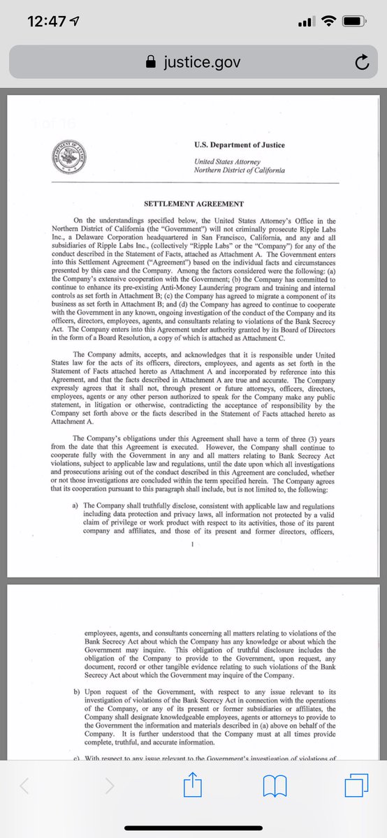 PrenticeStone2's tweet photo. ⁦@digitalassetbuy⁩ ⁦@sentosumosaba⁩ - The settlement between the US treasury and Ripple in 2015 on May 4th and 5th signed by the US Attorney states that XRP is a “virtual convertible currency” and Ripple Labs is a “virtual currency exchanger”. Garlinghouse knows this https://t.co/K22zNcSRQv