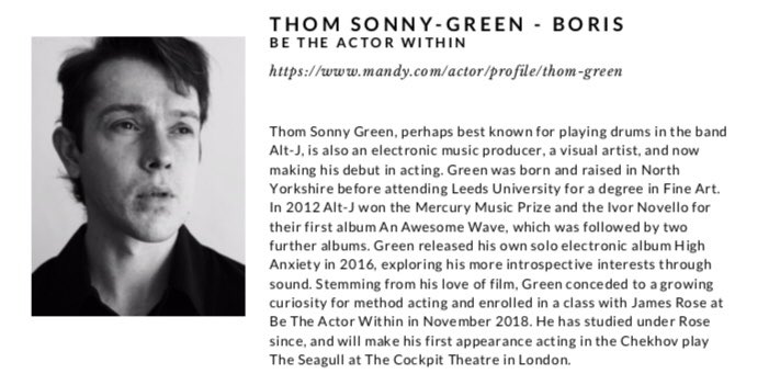 IthacaSeagull's tweet photo. Introducing
🎭 Thom Sonny-Green as Boris 
Thom makes his acting debut. 
Get your tickets now - https://t.co/rGXnvND1nC
.
.
.
.
#newtheatre #fringetheatre #chekhov @cockpittheatre @actorwithin #thomsonnygreen https://t.co/YRDoSyx8ab