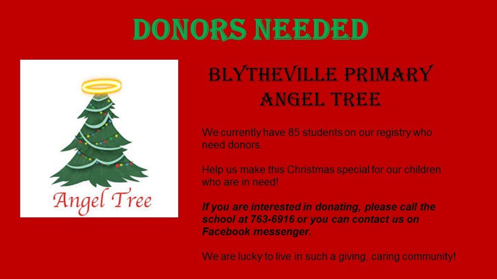 BlyPrimary's tweet photo. We're looking for people to adopt our 85 Angels and help make this Christmas special! Contact us for more information! #BPSRocks #ChickasawPride #AngelTree https://t.co/AcU1o0toyE