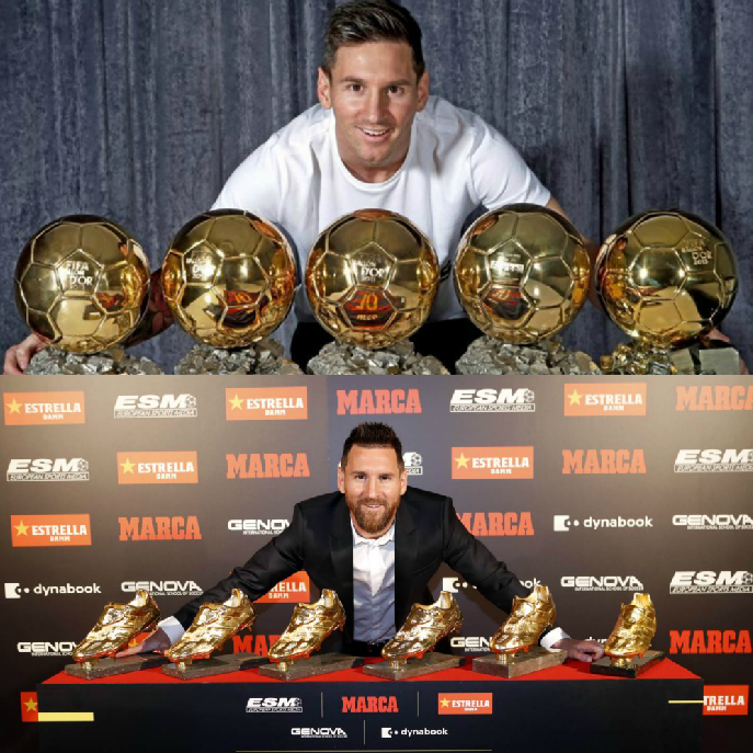 InvictosSomos's tweet photo. El primero que logró ganar 5 Balones de Oro y el único que ha conquistado 6 Botas de Oro. El que más genera, el que más asiste y el que más convierte. El que más facetas domina. El futbolista total. EL MEJOR DE TODOS. https://t.co/xWUuuWTqw1