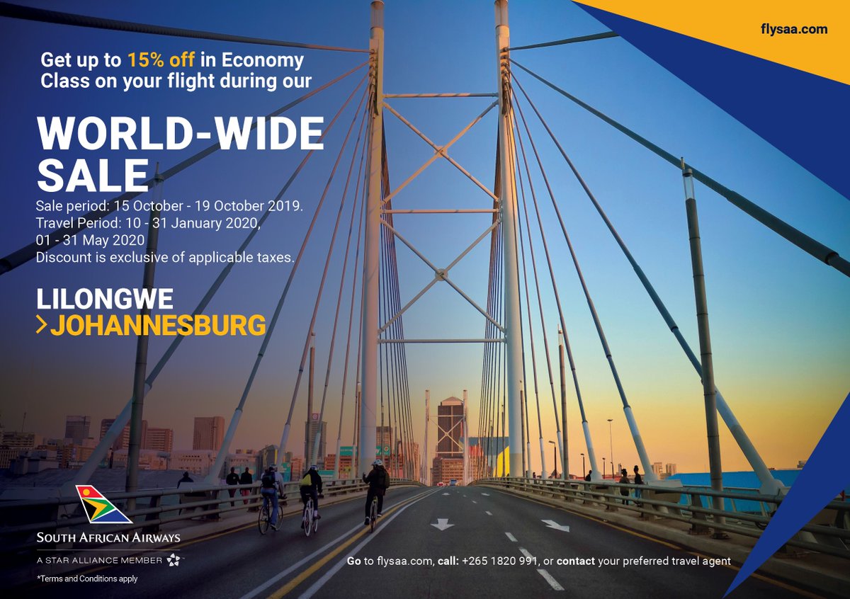 Ulendo Malawi Group (@ulendomalawi) on Twitter photo It's a #world #wide #sale at #SouthAfricanAirways with upto 15% off in Economy Class on flights to #Johannesburg #HongKong #Washington #London and #NewYork.
Sales ends 19th October. Travel is from January to June 2020.
Email info@ulendo.net to book today. #UlendoTravelNow. It's a #world #wide #sale at #SouthAfricanAirways with upto 15% off in Economy Class on flights to #Johannesburg #HongKong #Washington #London and #NewYork.
Sales ends 19th October. Travel is from January to June 2020.
Email info@ulendo.net to book today. #UlendoTravelNow.