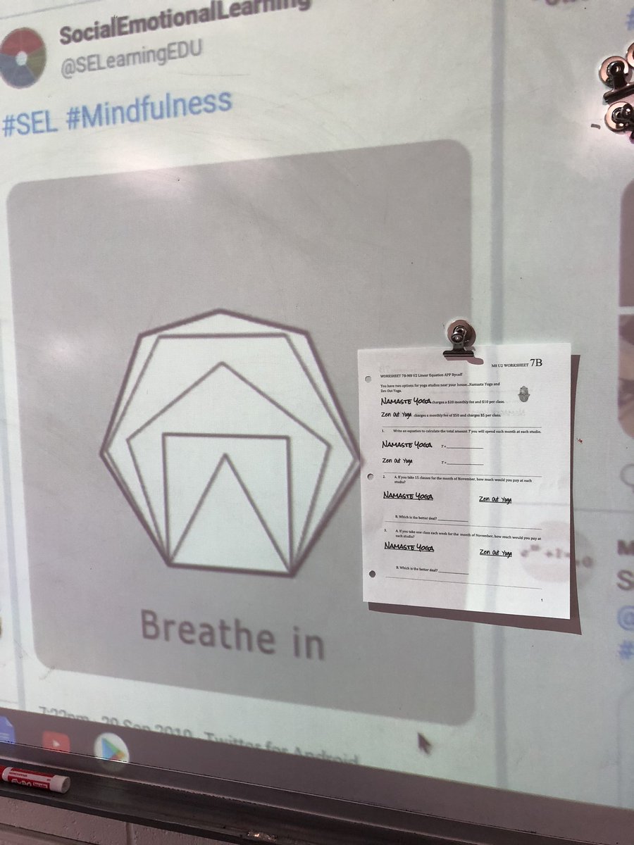 SusanBycoff's tweet photo. Started the class with #mindfulmath breathing @MedfieldWell @MrCoachWoods and then compaired yoga studio prices. 🧘🏽♀️#medfieldmath https://t.co/qNLnEsMgzp