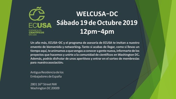 comunidadECUSA's tweet photo. #ECUSA-DC te invita a nuestro evento para conocer a otros científicos españoles en el area de DC
Podrás disfrutar de unos aperitivos y ganar dos membresías de #ECUSA.
🗓 19 Octubre
🕧12- 4pm
📍Antigua Residencia de los Embajadores
Regístrate 👉https://t.co/pNLEUBCi12 https://t.co/Y3qJ5ghwsm