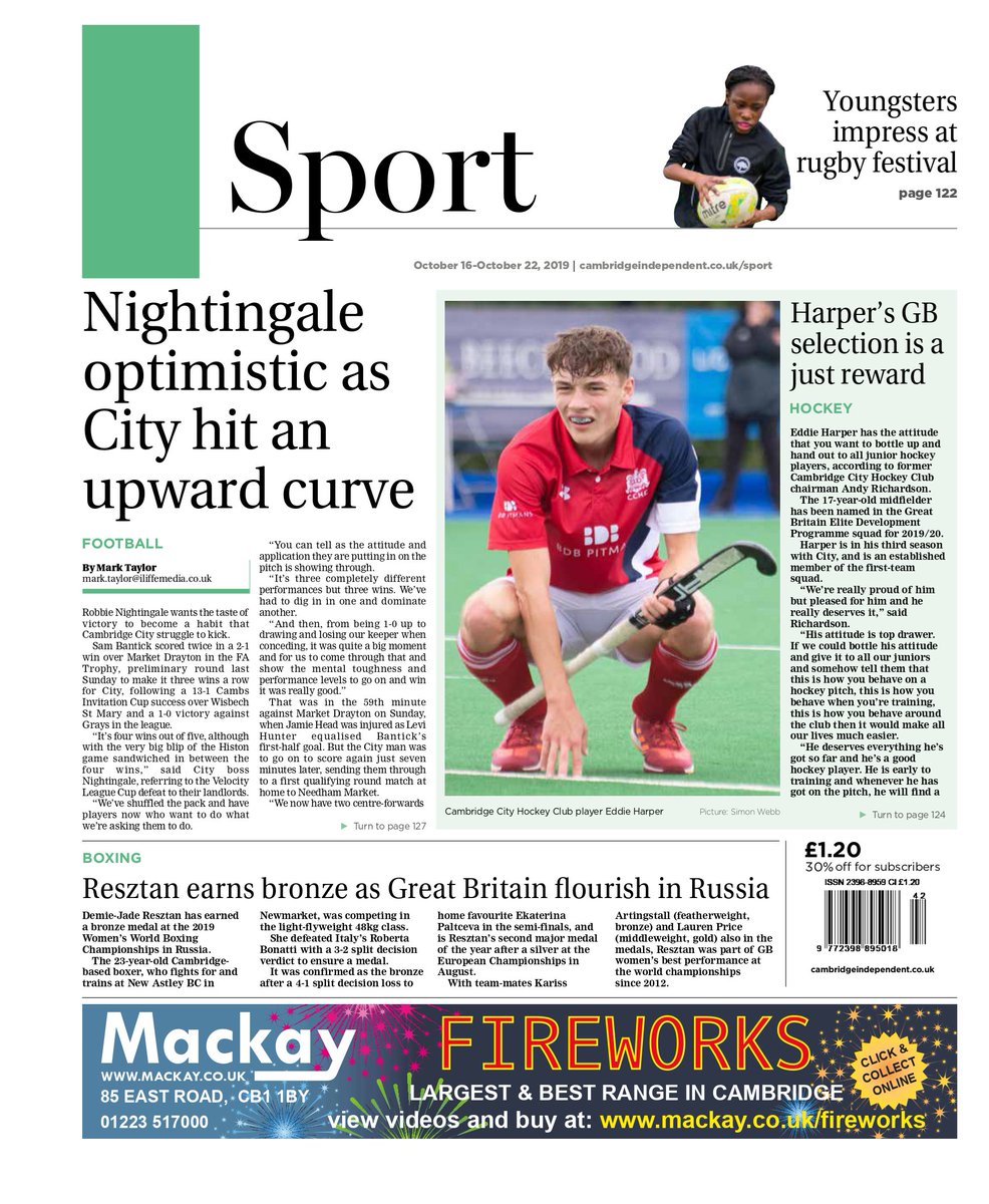 In <a href="/CambridgeIndy/">Cambridge Independent</a> sport, we feature <a href="/cchcuk/">Cambridge City Hockey Club</a>'s wins &amp; an EDP call-up, the impact of psychology on form with <a href="/ThinkBPerform/">Helen Davis</a>,  <a href="/cambridgecityfc/">Cambridge City FC</a> progress, pictures from girls' rugby at <a href="/ShelfordRugby/">Shelford Rugby</a> &amp; <a href="/CambridgeSSP/">Cambridge SSP</a> football, <a href="/cambscitygirls/">Cambridge City Women FC</a> cup win, bowls at <a href="/ChestertonIBC/">Chesterton IBC</a> &amp; more