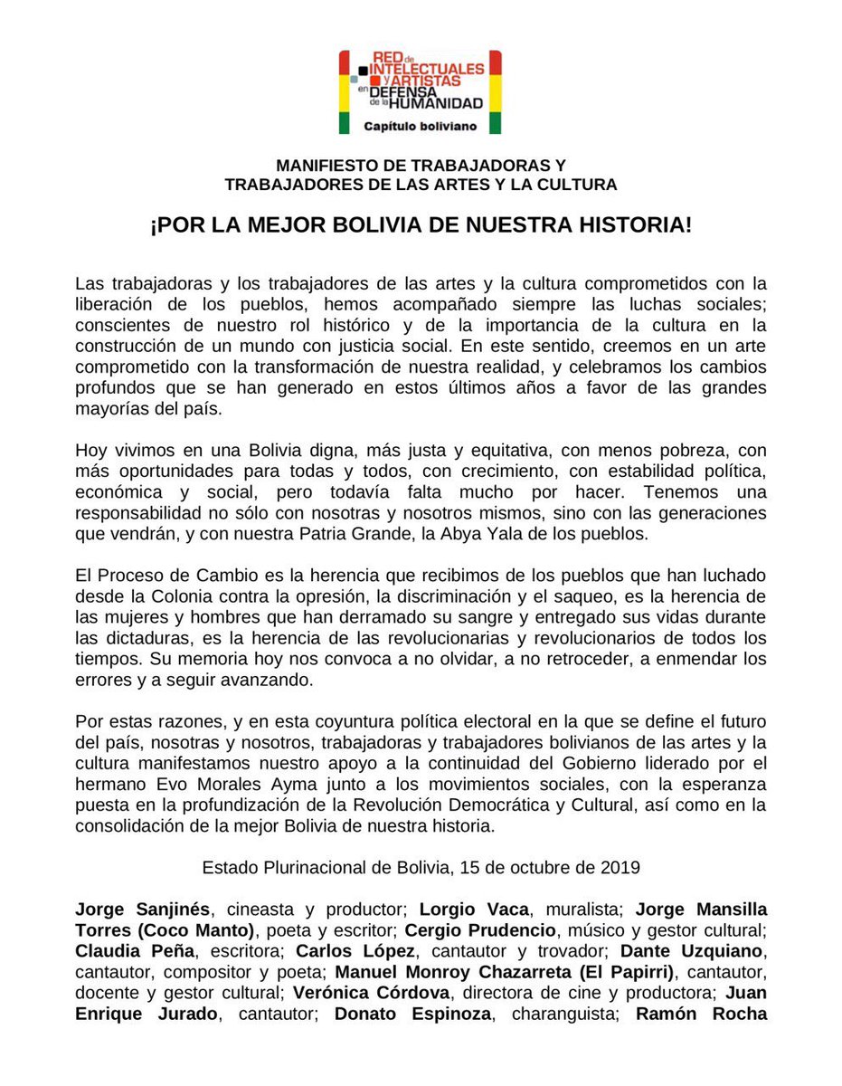 evoespueblo's tweet photo. Profundamente agradecido y emocionado por el apoyo sincero y valioso de la Red de Intelectuales y Artistas en Defensa de la Humanidad, #Bolivia. Su respaldo nos fortalece en el trabajo diario por la unidad y prosperidad de nuestra querida Bolivia. https://t.co/m1e7dSNcMB