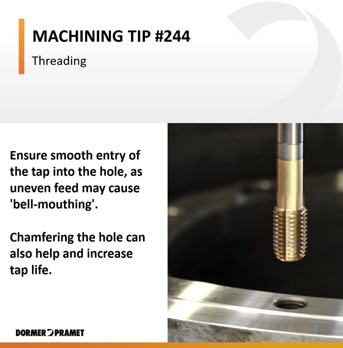 Machining tip #244: Ensure smooth entry of the tap into the hole, as uneven feed may cause 'bell-mouthing'. Chamfering the hole can also help and increase tap life. 
dormerpramet.com/en-gb/newssite…
#machiningtip #tapping #threading
