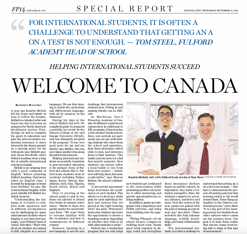 Fulford_Academy's tweet photo. The National Post ran a wonderful article in a recent private school special edition, describing the wonderful support we provide to helping international students succeed. Featuring one of last years grad's Ramtin Mellati, congratulations! #myfulford #graduate https://t.co/PP7zYWW3Q2