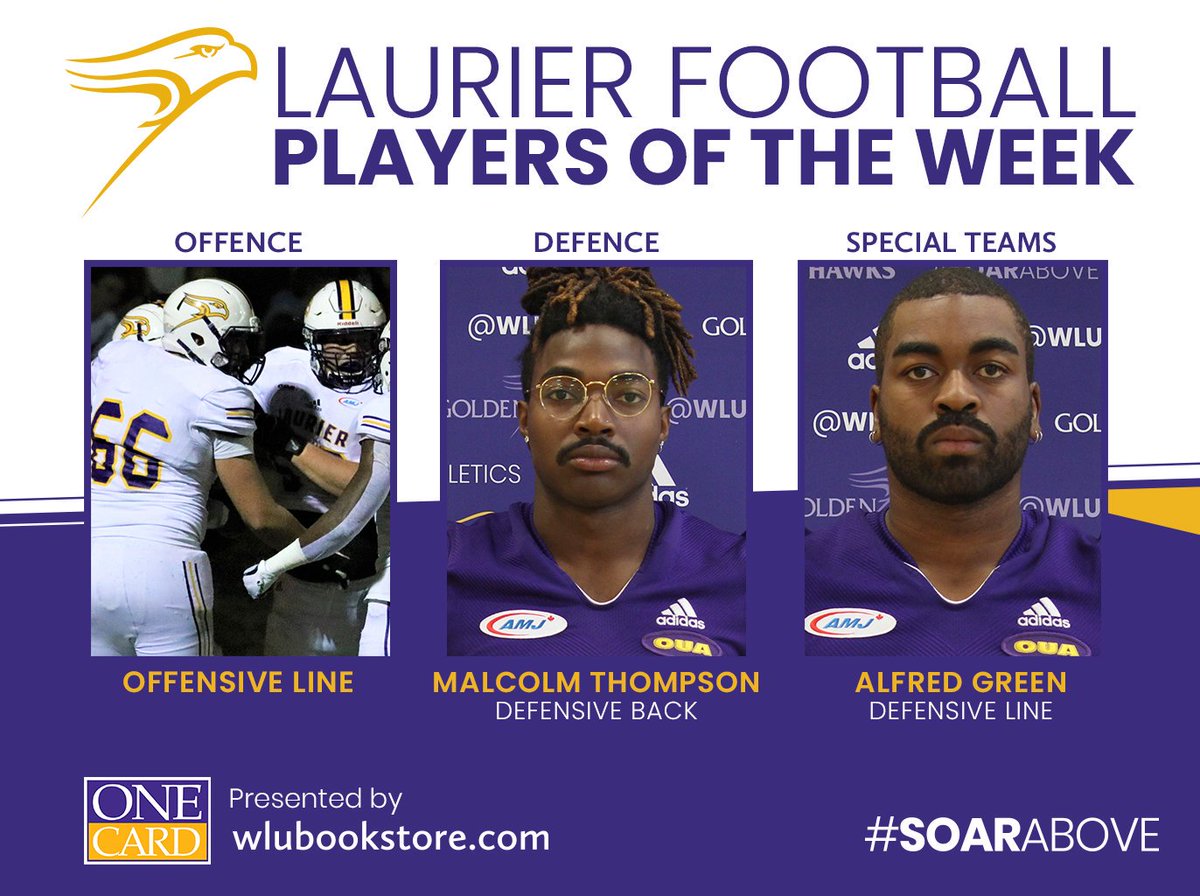 WLUAthletics's tweet photo. There were a number of standout performances from M🏈 in their unforgettable #BattleofWaterloo victory over @WlooWarriors last week but these ones stood above the rest! 🤩🤩🤩

Entire OL ➡️ 386 rushing yds, no sacks
Thompson ➡️ 1 INT, 3 tackles
Green ➡️ 1 blocked FG

#SoarAbove https://t.co/S2RzSN18MA