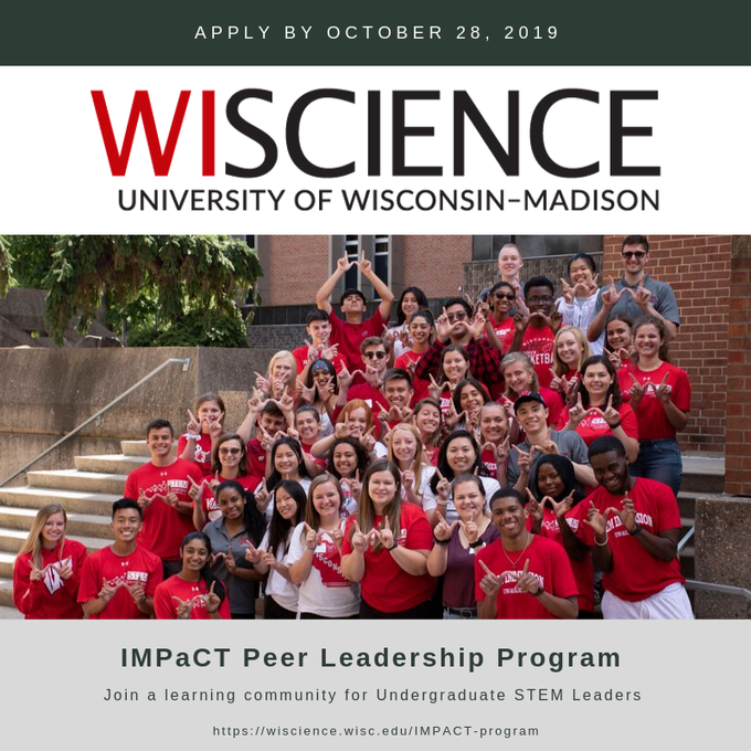 WISCIENCE UW–Madison (@wiscience) on Twitter photo #STEM undergrads: Want to be involved as a leader on campus? Apply for the IMPaCT program by Oct. 28. wiscience.wisc.edu/IMPACT-program
#BioBadgers #UWChangesLives @WMadisonLS <a href="/UWMadisonCALS/">UW–Madison CALS</a> <a href="/UWMadisonCeO/">UW-Madison CeO</a> #STEM undergrads: Want to be involved as a leader on campus? Apply for the IMPaCT program by Oct. 28. wiscience.wisc.edu/IMPACT-program
#BioBadgers #UWChangesLives @WMadisonLS <a href="/UWMadisonCALS/">UW–Madison CALS</a> <a href="/UWMadisonCeO/">UW-Madison CeO</a>