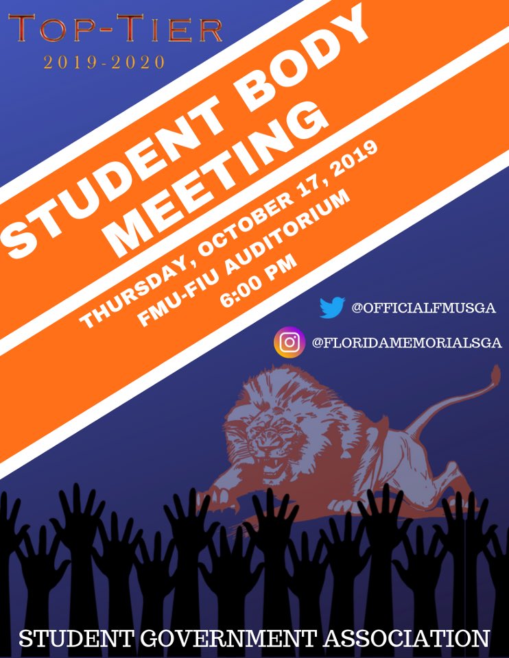 OfficialFMUSGA's tweet photo. 🚨Calling ALL Lions 🚨 Join us this TOMORROW for the opportunity to have your voices heard and hear directly from SGA. We hope to see you there‼️
#floridamemorialuniversity #miamigardens #lionpride https://t.co/rSXkhIYGgo