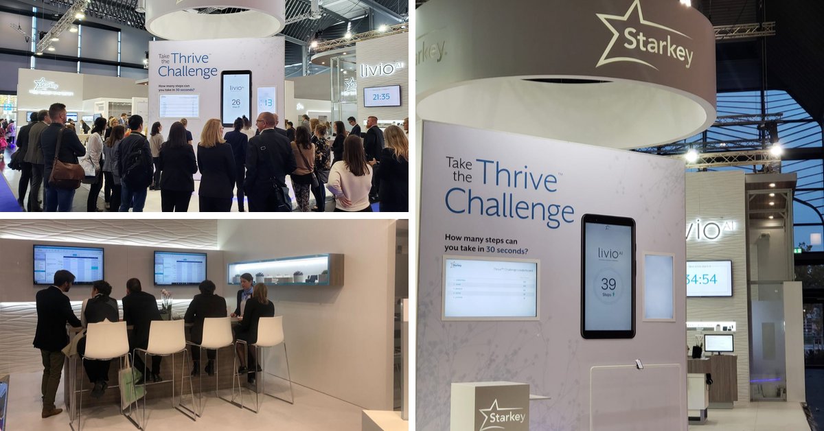 There's nothing like a little healthy competition! The Thrive Step Challenge is a hit in #Germany. Attendees are competing to see who can rack up the most steps in 30 seconds wearing #StarkeyLivio. #EUHA2019
