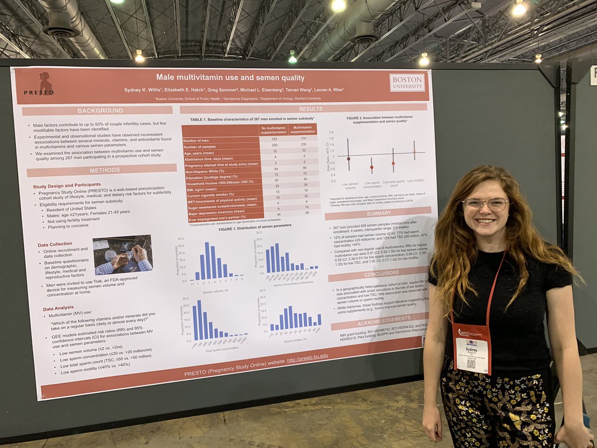 Sydney Willis, doctoral student <a href="/BUSPH/">Boston University School of Public Health</a>, presenting at #ASRM2019 conference about male use of multivitamins and semen quality in <a href="/BUPRESTOStudy/">PRESTO (Pregnancy Study Online)</a>.  @reprodmed <a href="/BUSPH_epiPhD/">BUSPH Epi PhD program</a> <a href="/SydneyWillis9/">Sydney Willis</a>