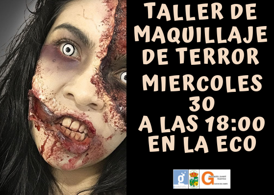 Espectacular Taller de Maquillaje FX con motivo del Proyecto Pasaje del Terror. Maquilla y déjate maquillar el Miércoles 30 a partir de la 18:00 en la E.C.O. <a href="/RedGuadalinfo/">Vuela Guadalinfo</a> <a href="/CGCuevasCampo/">guadalinfo.cuevasdelcampo</a>