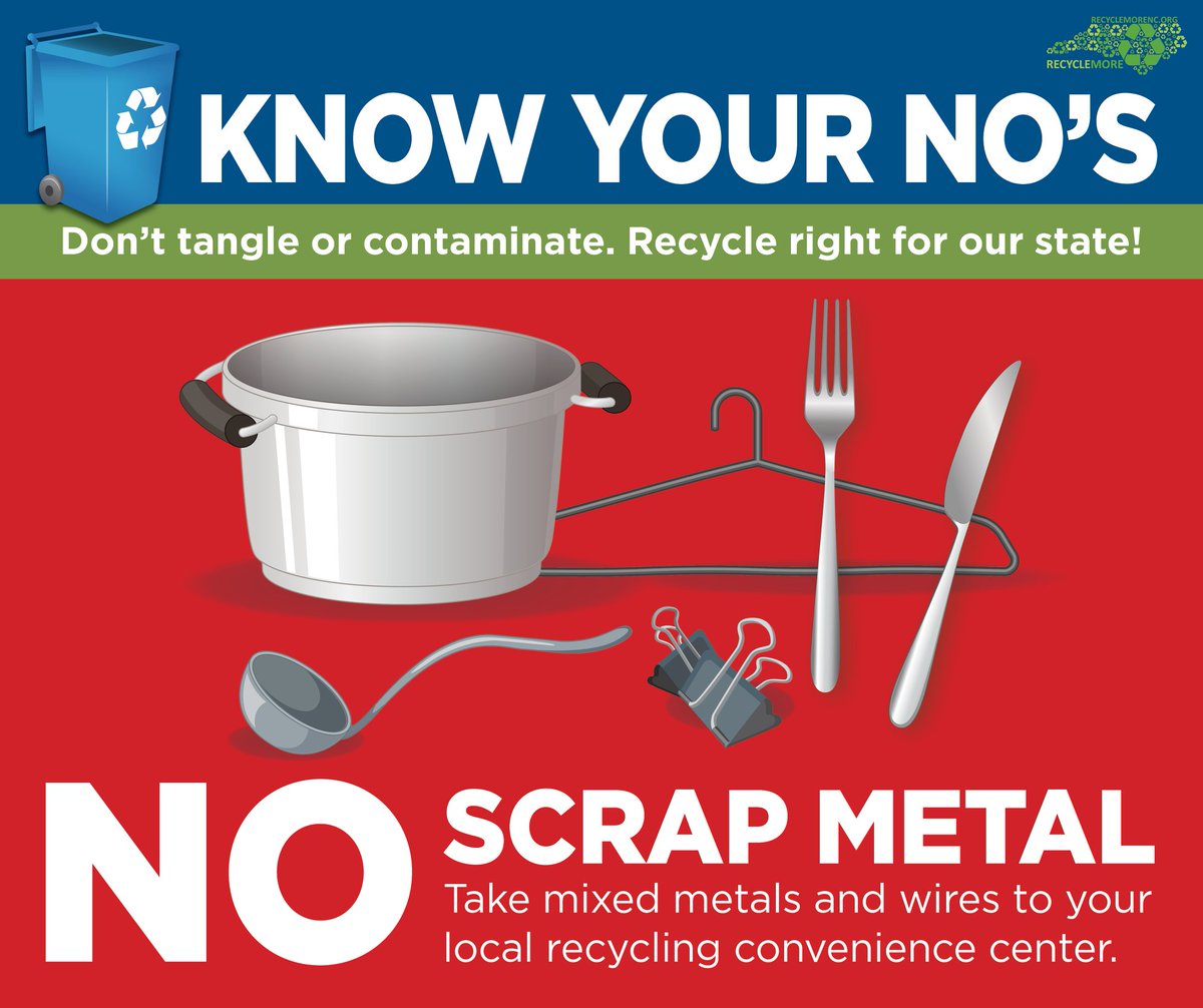 RecycleMoreNC's tweet photo. Metal belongs in the recycling bin, right? Only if it is a CAN. Don’t be tempted to put pots and pans, hangers and other metal items in the curbside recycling bin. Take them to the scrap metal collection at your recycling convenience center. #RecycleRightNC https://t.co/e2zt1RTVQC