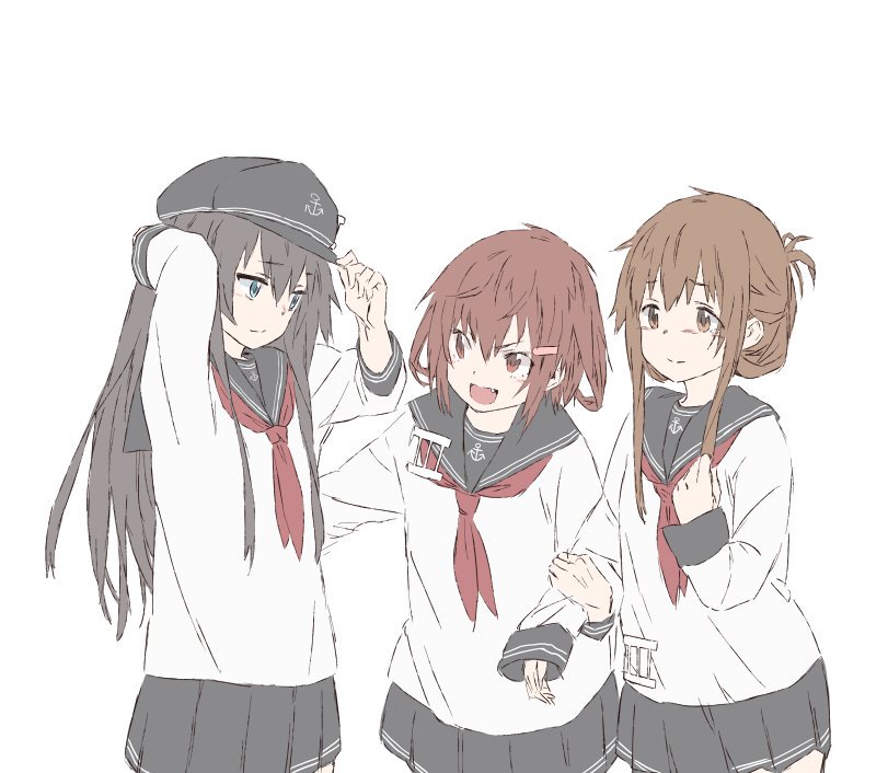 akatsuki (kancolle) ,ikazuchi (kancolle) ,inazuma (kancolle) 4girls multiple girls school uniform long hair brown hair serafuku skirt  illustration images