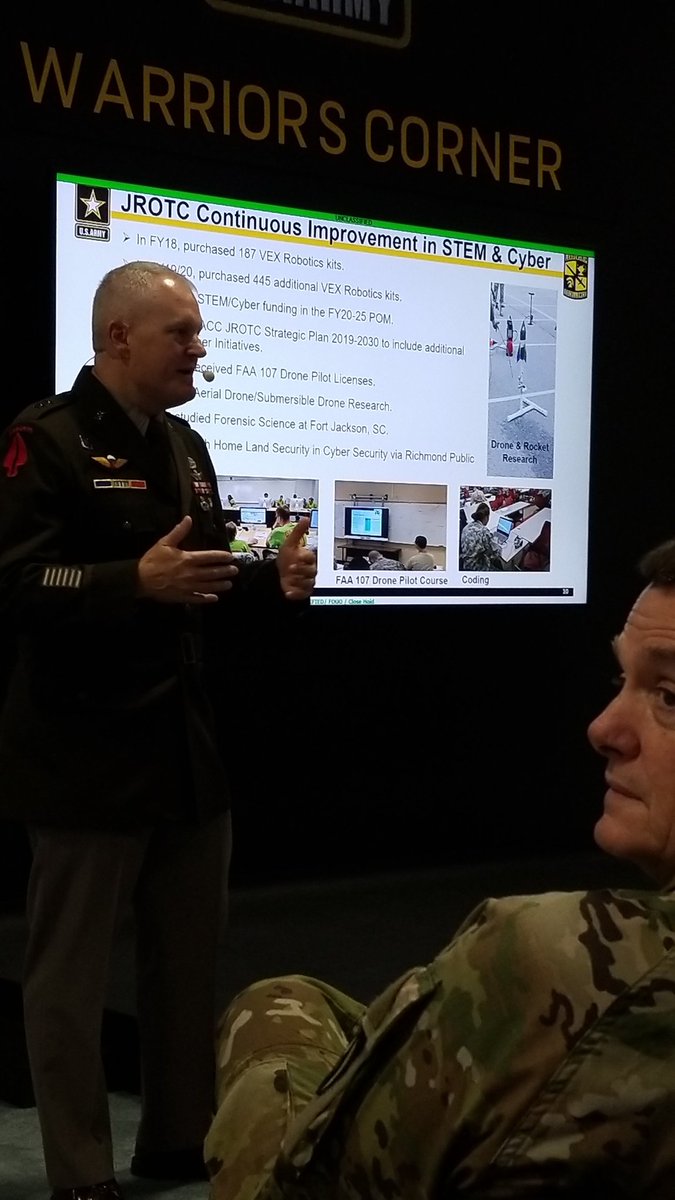 #ArmyJROTC is forward leaning on STEM, Robotics and Cyber programs! Partnering with other DoD agencies for internships and career days. @CG_ArmyROTC @TRADOC @AUSAorg #AUSA2019  #WarriorsCorner