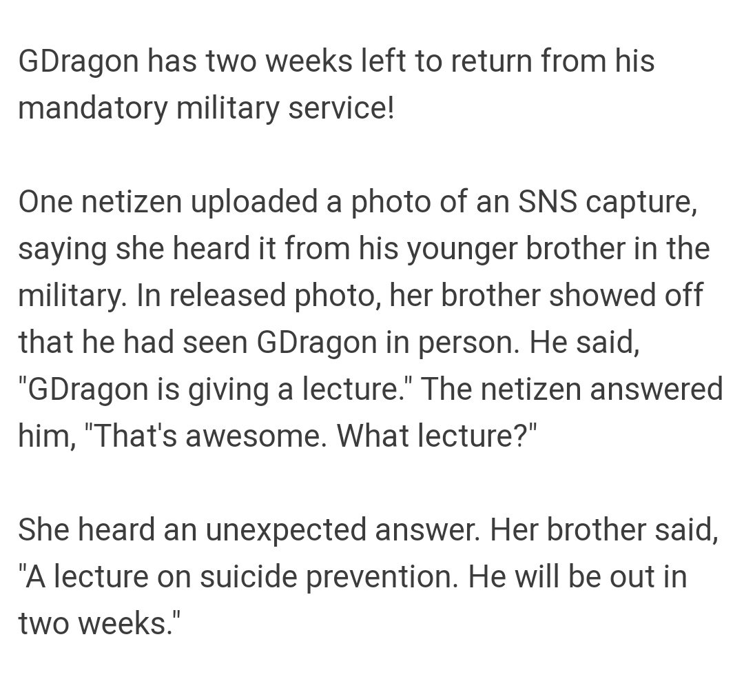 Jiyong raising awareness for suicide prevention.An artist with a purpose indeed.  https://www.kstarlive.com/news/2019/10/11/gdragon-gave-a-special-lecture-during-his-mandatory-military-service-281711