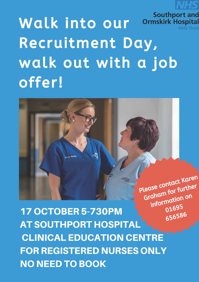 EHU_FHSCM's tweet photo. Are you a third year #StudentNurse due to qualify in March 2020? π
Southport and Ormskirk NHS Trust are hosting a Nurse recruitment event tomorrow (Thursday 17th October 2019) at Southport Hospital.
Please see below for further information!
#EHUfhscm #EHUNurses https://t.co/7NQ5Nc2r7Y