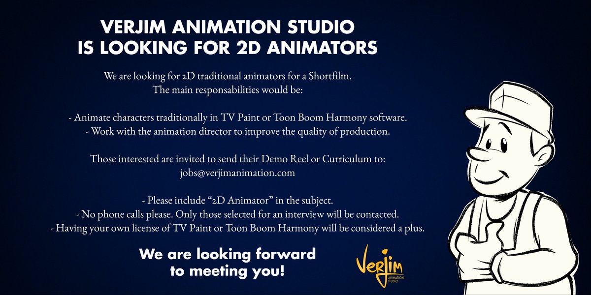 VerJimAnimation's tweet photo. Job! We are looking for 2D animators for a short film. If you are interested do not hesitate to send us your demo reel or resume to jobs@verjimanimation.com 🎦📩 We are looking forward to meeting you! 😊😊 #verjim #verjimanimation #animationfromspain https://t.co/lCKODeeT13