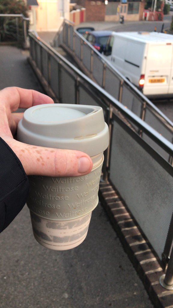 KristianLow's tweet photo. @SouthernRailUK @SouthernRailUK 6pm at Emsworth Train Station. My cup is still on the platform and we are reunited. I’ve cancelled nationwide police search and helicopter is back at base. Just need to get those ticket office phones working now. Thanks for your help #welcomehomecup #timefortea https://t.co/TbeZnwMzA8