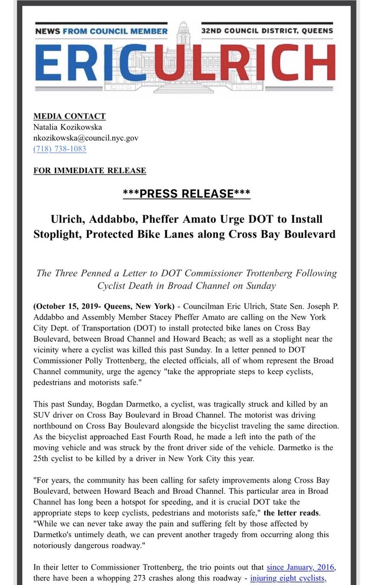 JimRockaway's tweet photo. I want to thank @eric_ulrich @Stacey23AD @SenJoeAddabbo calling on @NYC_DOT for protected bike lanes on Crossbay Blvd. It’s wonderful to see bipartisan support for safety. Saving lives is what’s important. @NYCMayor please instruct @NYC_DOT to implement ASAP. Lives are at stake. https://t.co/0p1iKaYwDC
