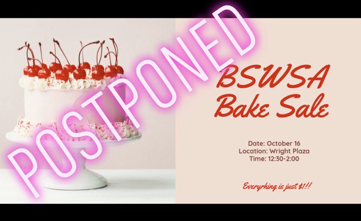 Due to the weather, we will be postponing today’s bake sale. Stay tuned for the rescheduled date!