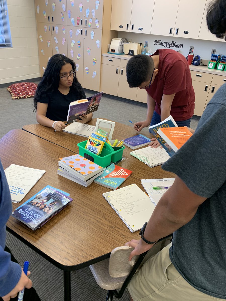 CMS_Cambridge's tweet photo. Cambridge 8th grade ELA students are super excited about previewing all of the amazing new books I brought back from #ILA19 and adding them to their want to read lists. #loveleeschools @CaloosaM https://t.co/wwWMRvRU6K
