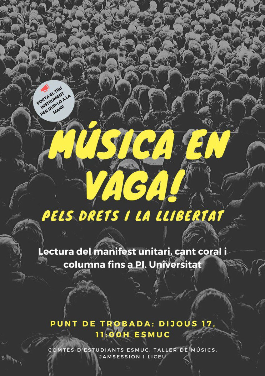 MusicsLlibertat's tweet photo. 🛑🛑🛑🛑🛑🛑🛑🛑🛑🛑

Dijous 17 al matí 

📍Convocatòria a l'Esmuc 

⏳ - A LES 10: Ens ajuntem totes les músics (Jam Session, Taller, Liceu, Músics per la llibertat) i organitzar les accions de divendres. 

- A LES 11:* Lectura de manifest, breu cant per la llibertat https://t.co/KSyFE5RAnq