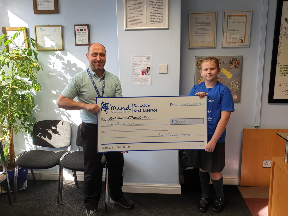 Today we were bowled over by 10 year old Scarlett Thornley Jackson, who came into Rochdale Mind to make a donation during her lunch hour. Scarlett made homemade cakes to sell at her local church, raising a fantastic £80.00. Scarlett is pictured with Andy Hall one of our Managers.