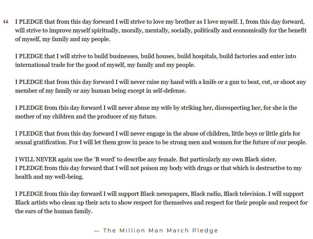 Renata564's tweet photo. I, say your name__________
The Million Man March Pledge
#Farrakhan #MMM24th #HDOA19
Long Live The Spirit Of The Million Man March!
#WeAreFarrakhan https://t.co/98OFJtWRYO