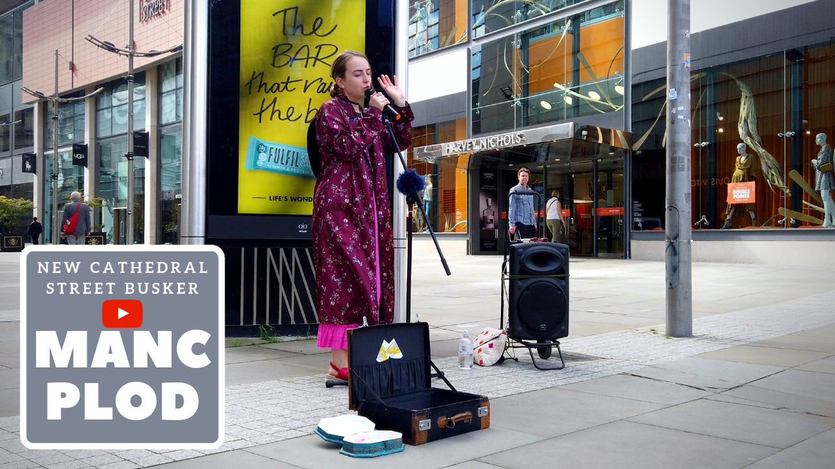 MancPlod's tweet photo. We managed to catch a little busking action on New Cathedral Street in the very centre of Manchester. This fabulous young busker was singing 'Patricia' by Florence + The Machine. Well worth a listen. https://t.co/V9G8NZhMSe #Manchester #Busker https://t.co/b5gnstzgBm