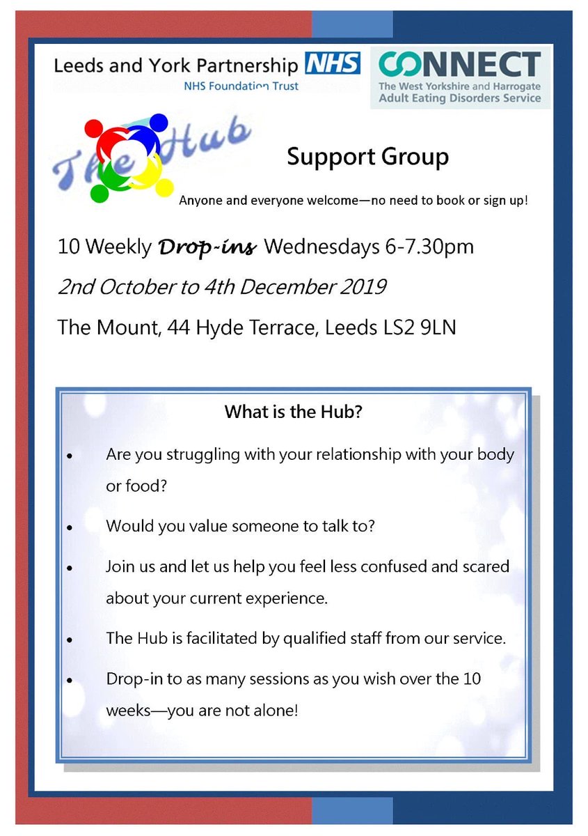 connectlypft's tweet photo. Come along to our open access #support group at the Mount each Wednesday 6-7.30! No referral criteria. All welcome! #eatingdisorders #recovery https://t.co/pHng1CcVcv