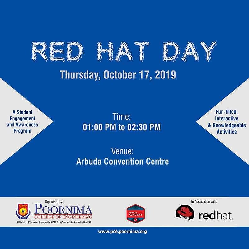 poornimacollege's tweet photo. Put on your thinking hats for a day filled with interactive activities and fun tomorrow on 17th October at the Arbuda Convention Centre at 1 pm. 
Let's paint the campus red on #RedHatDay!

#PGC #PCE #PoornimaGroup #Jaipur @RedHat https://t.co/RdLZ4K1aOp
