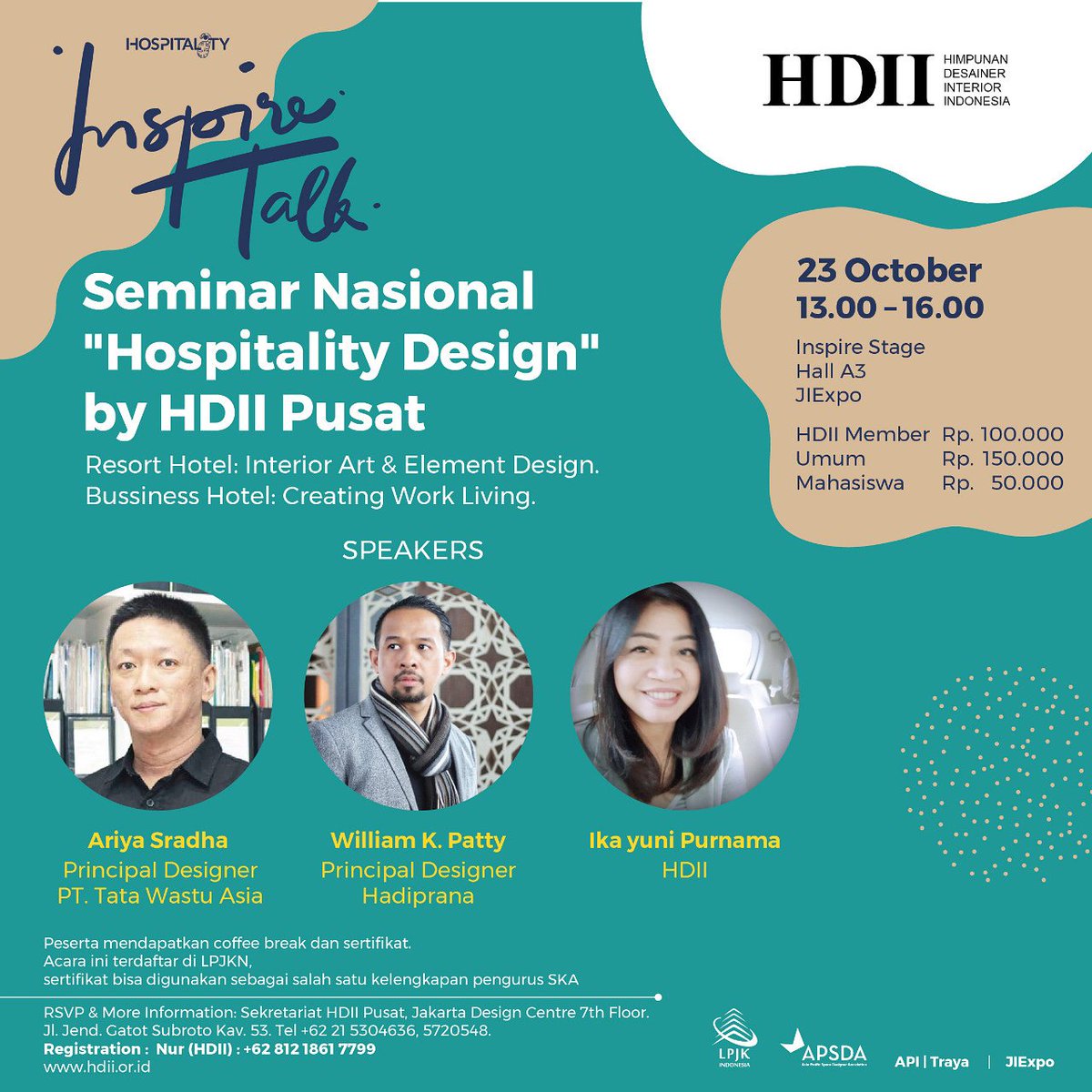 Dear Teman2 Desainer

Dengan ini kami informasikan HDII bekerjasama dgn PT. Traya Eksibisi Internasional dlm acara Pameran Hospitalty Indonesia (Mozaik Indonesia) untuk menyelenggarakan Kegiatan Seminar Nasional: 
Tema “HOSPITALITY DESIGN “
Pendaftaran:
bit.ly/seminarhospita…