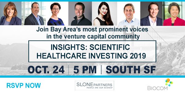 SlonePartners's tweet photo. Join Slone Partners' Tara Kochis-Stach, @SVB_Financial Managing Director Jon Norris, and @BiocominSF for INSIGHTS: SCIENTIFIC HEALTHCARE INVESTING 2019, Oct 24 San Francisco w/ expert VC panelists from #longevityfund  #8VC @venrock @CRV #QimingVenturePartners #WuCapitalUSA https://t.co/w17gWgjbmJ