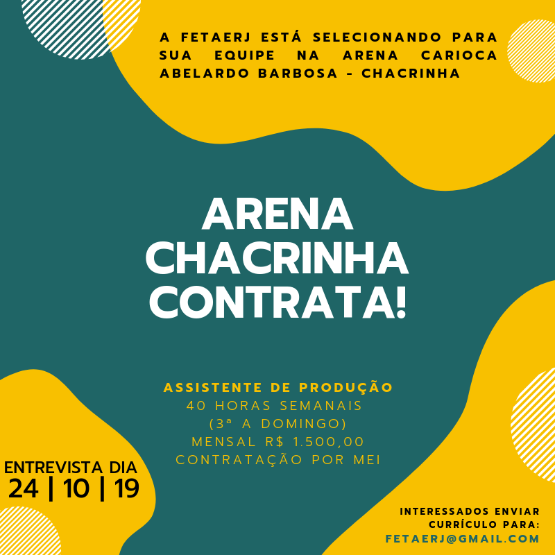 FETAERJ's tweet photo. Vaga: Assistente de Produção
De terça a Domingo, 40 horas semanais.
Mensal R$ 1.500,00
Contratação por MEI
Enviar currículo para fetaerj@gmail.com

Entrevista dia 24/10/2019
Início: 01 de novembro
.
.
.
.
.
#vagasrj #vagasdeemprego #procult #teatro #cultura #assistentedeprodução https://t.co/4QKy8tYHDE