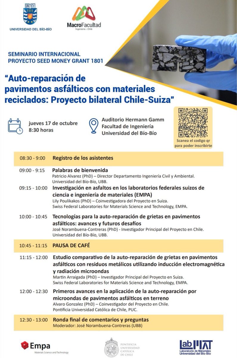 cfonsecai's tweet photo. Excelente Seminario. Me tocó estar en las presentaciones ayer acá en la UC (Santiago) y recomiendo esta nueva oportunidad ahora en regiones con tal calidad de expositores. Uso de RAP, Rejuvenecedores y tema especial Autoreparación en pavimentos asfálticos
https://t.co/e8WQlDdbIw https://t.co/tROMiJVO1H