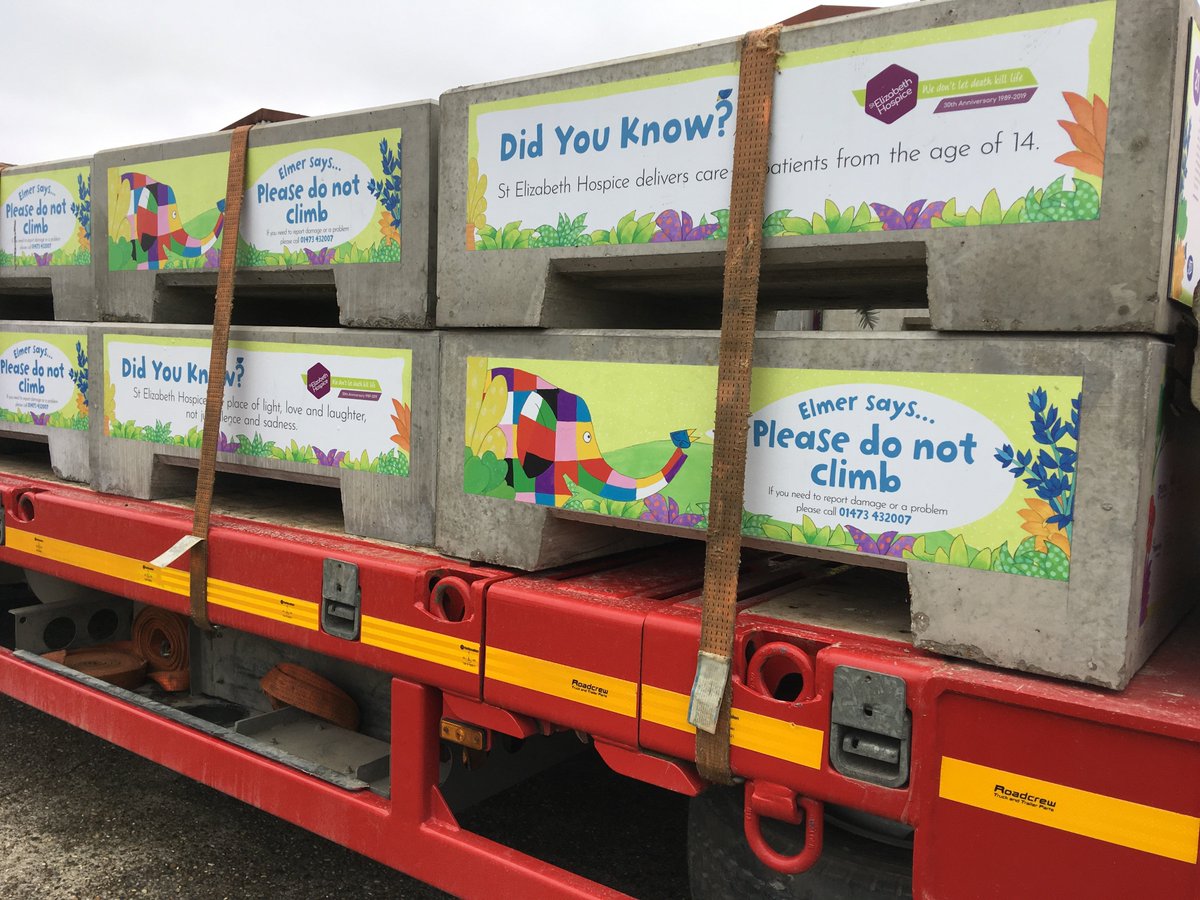 ElmerSuffolk19's tweet photo. Yesterday we said goodbye to our concrete plinths as they set off down to Kent to be used for @Elmermaidstone. Huge thanks to @ABP_SSP for providing a forklift driver, CARS Ipswich for the forklift, and @Gallagher_Team for all your help! #elmersuffolk19 #tonsoffunforeveryone https://t.co/bVvNxFpDr9