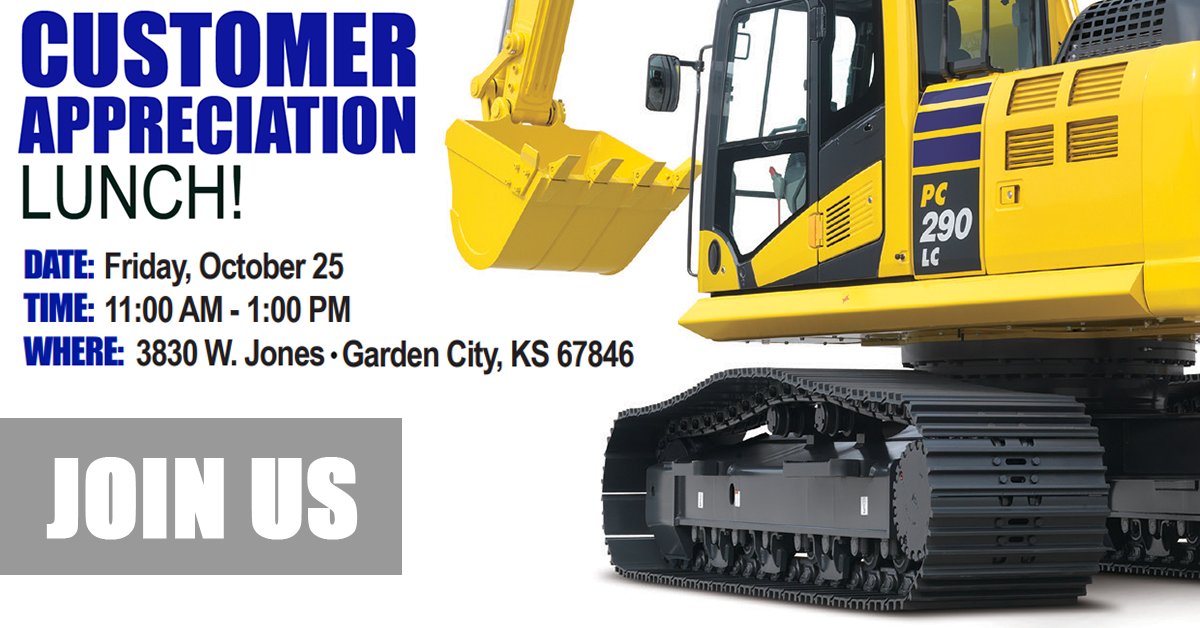 GARDEN CITY CUSTOMER APPRECIATION LUNCH!

DATE: Friday, October 25th
TIME: 11:00 AM to 1:00 PM
WHERE: 3830 W Jones, Garden City, KS 67846

Pre-register to be eligible for a 43" LED 4K Smart TV at:
berrytractor.com/gardencityevent

#BerryTractor #GardenCity #Construction #HeavyEquipment