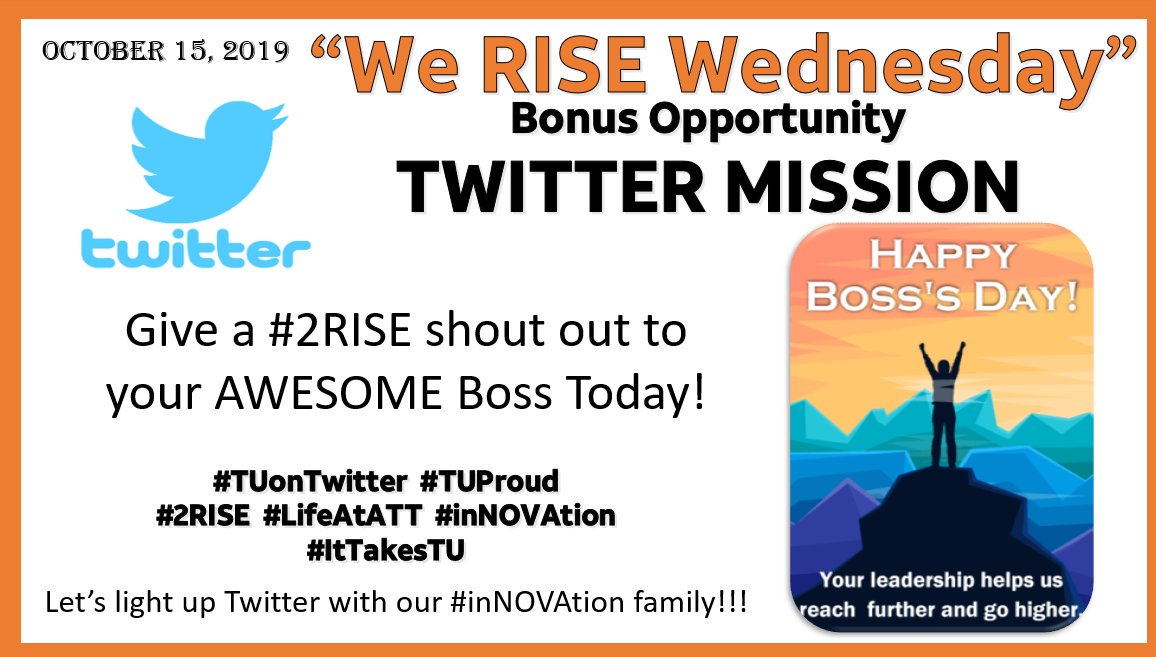 RISE Recognition Team (@rise_ittakestu) on Twitter photo #TUProud that we have an opportunity celebrate National Boss's Day! l #InNOVAtion peeps...#ItTakesTU #2RISE and lead #LifeatATT with excellence. <a href="/kmkhissim/">Keri Hissim</a> <a href="/NovaO/">Nova Oktaviani</a>
<a href="/jenbeardmueller/">Jen Beard-Mueller</a> @MaBellMatt <a href="/Heatherrice25/">Heather Rice</a> <a href="/yovar2016/">Yonilda Varner</a> <a href="/HolliK5454/">Holli K</a> <a href="/ADChad2013/">Chad Carpenter</a> <a href="/JustMariaTaylor/">Maria Taylor</a> <a href="/Cnorsten/">Craig Norsten</a> #TUProud that we have an opportunity celebrate National Boss's Day! l #InNOVAtion peeps...#ItTakesTU #2RISE and lead #LifeatATT with excellence. <a href="/kmkhissim/">Keri Hissim</a> <a href="/NovaO/">Nova Oktaviani</a>
<a href="/jenbeardmueller/">Jen Beard-Mueller</a> @MaBellMatt <a href="/Heatherrice25/">Heather Rice</a> <a href="/yovar2016/">Yonilda Varner</a> <a href="/HolliK5454/">Holli K</a> <a href="/ADChad2013/">Chad Carpenter</a> <a href="/JustMariaTaylor/">Maria Taylor</a> <a href="/Cnorsten/">Craig Norsten</a>