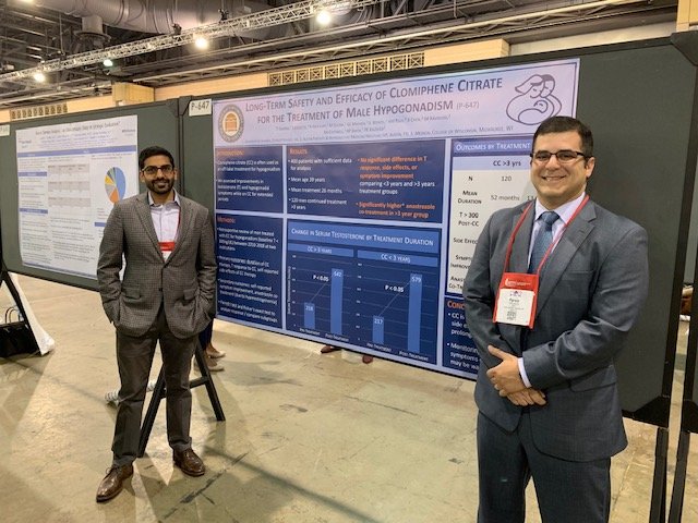 uvaurology's tweet photo. Former UVA Fellow Dr. Kavoussi and current UVA Andrology Fellow Dr. Sharma presenting their collaborative work with Dr. Smith on Clomid for low testosterone at the ASRM Scientific Congress and Expo. @RyanPSmith12 @ReprodMed #uva #urology #andrology #uvaurology #asrm #ASRM19 https://t.co/q4xuo0Wf6P