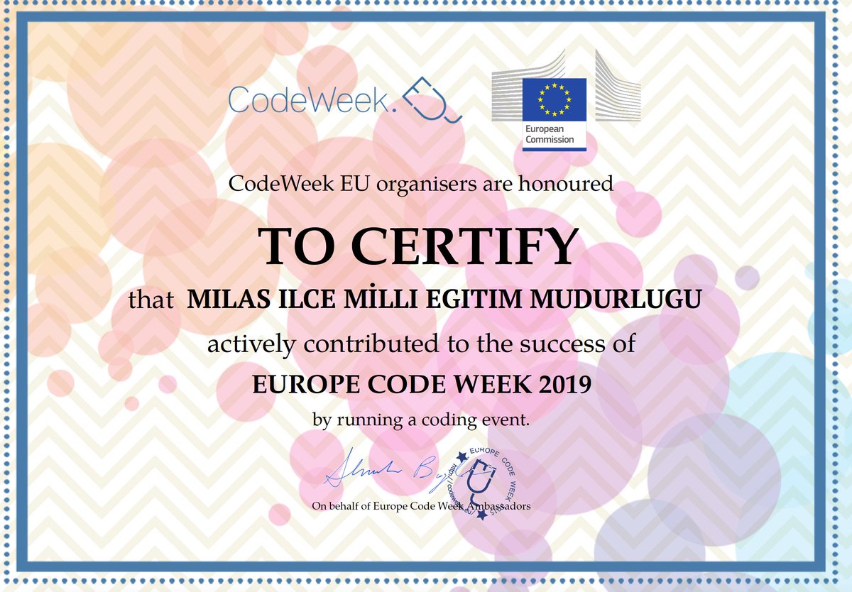 Kızlarımızın bilgi işlemsel düşünme becerilerini arttırmak  için yürüttüğümüz @CodeWeekEU  projemizin sertifikası @MilasMEm @muglamem @isabal80 @KodlaMugla tüm katılımcılarımıza teşekkürler.
certifcate of CodeWeek Project , we have carried out in order to enhanced CT skills4girls