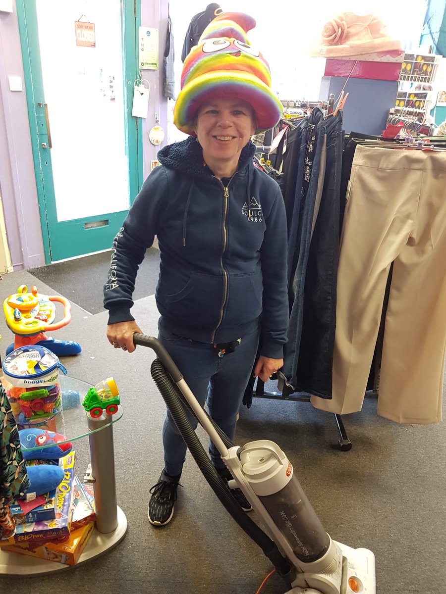 CornerstoneDPA's tweet photo. Helen is supported by our fantastic @LcastSpringhill! Helen does an absolutely amazing job #volunteering for @CapabilityScot  and loves to have some fun while she’s doing it. Here she is being a busy bee and trying on the hats and masks in the store 🎩😊💙 https://t.co/XtsInSZdqO