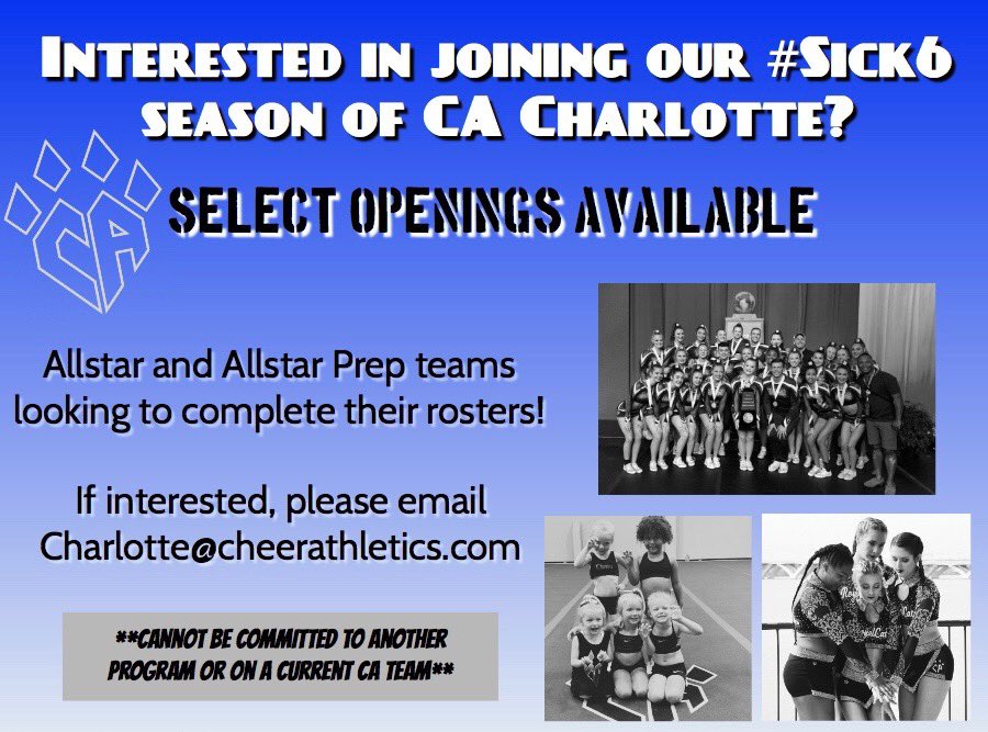 ⁉️⁉️ATTENTION⁉️⁉️

Would you like to be apart of our G3FCA2A family? If so, this is your opportunity! We have selected openings available. Email Charlotte@Cheerathletics.com or call today to see if CA is the place for you! 💙 #Sick6th