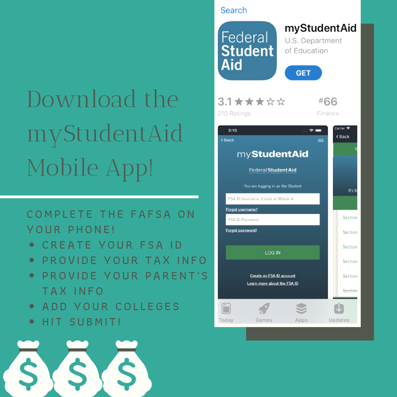 KC_HCAT's tweet photo. Now that the #FAFSA is open, you can complete it right on your phone! Download the #myStudentAid app! Make sure you have your 2018 tax info, your parents' 2018 tax info, your social security number, &amp; a list of the colleges you are applying to. Contact your adviser for help! 🤑 https://t.co/P0AGgq5Cdo