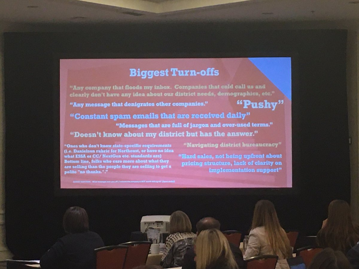 Some of the biggest turnoffs for educators when dealing with vendors? PUSHY is a big one. Over-promising is another. #EdMarketer