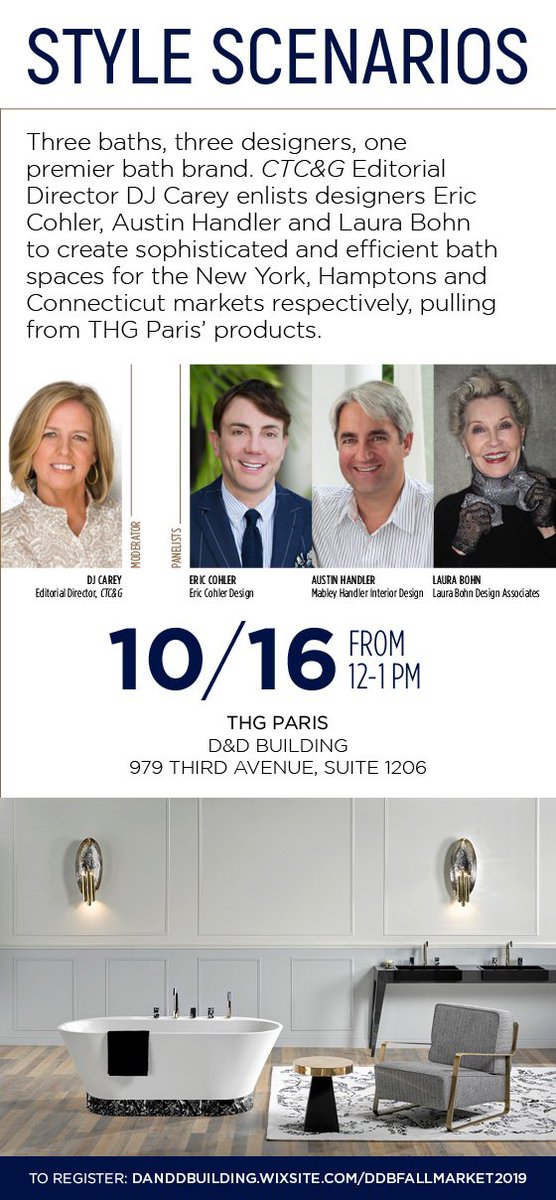 MableyHandler's tweet photo. Looking forward to chatting about Hamptons-style bathroom design with @EricCohler, @LauraBohnDesign and DJ Cary of @CottagesGardens publications at @thgparisfr at the @DandDBuilding at noon today!
#DandDBuilding #DandDFallMarket #MableyHandler #DesigningTheHamptons #HamptonsStyle https://t.co/C786i9MIjA