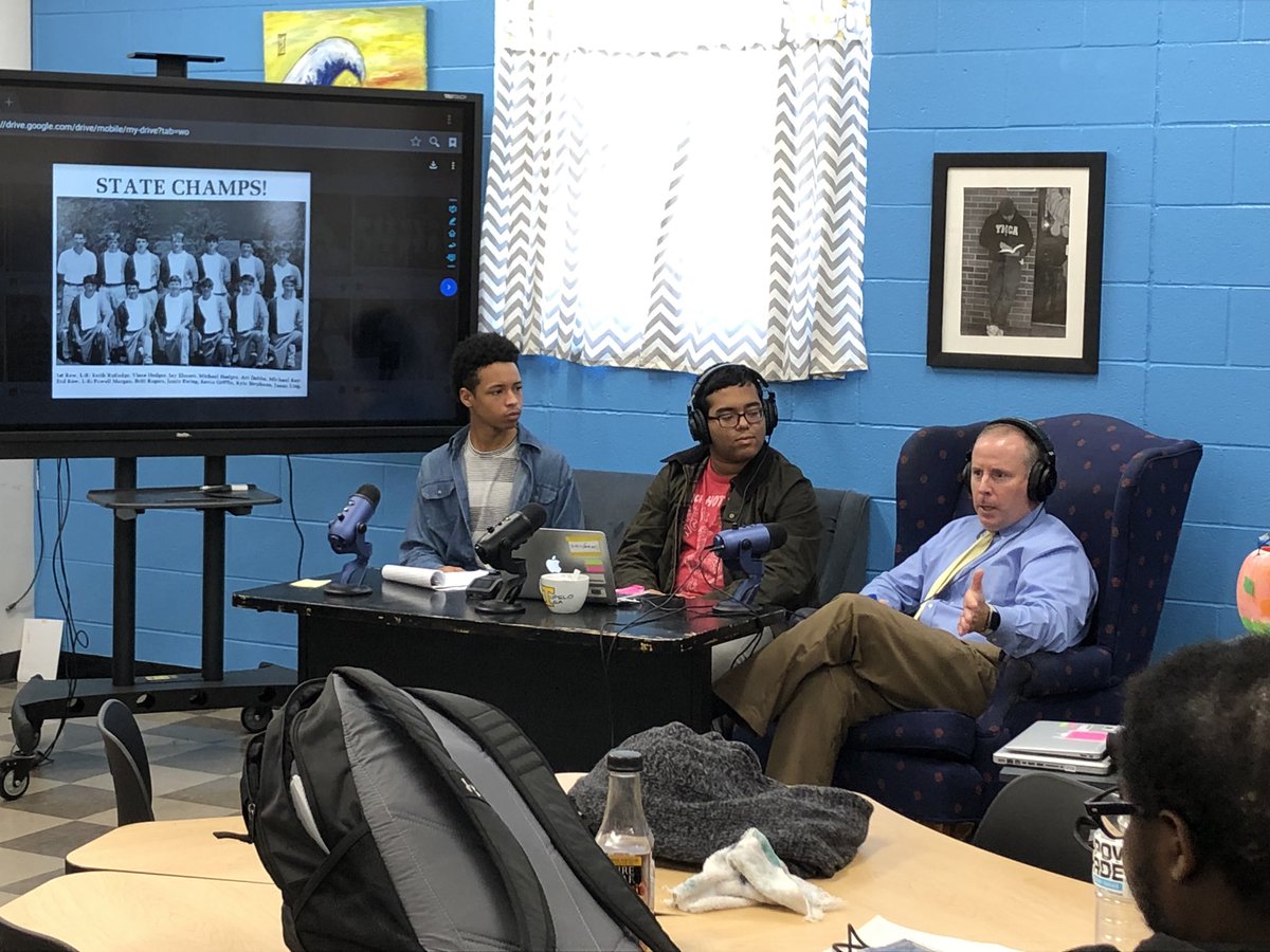 TupeloHigh's tweet photo. Mr. Dobbs recounting his high school experience to @THSAlbum1 staffers, Thomas McGaughy &amp; Rahul Dey. Catch the interview on the Tupelo Tea podcast next week. #GoWave #TPSD https://t.co/g9bVBl87Bb