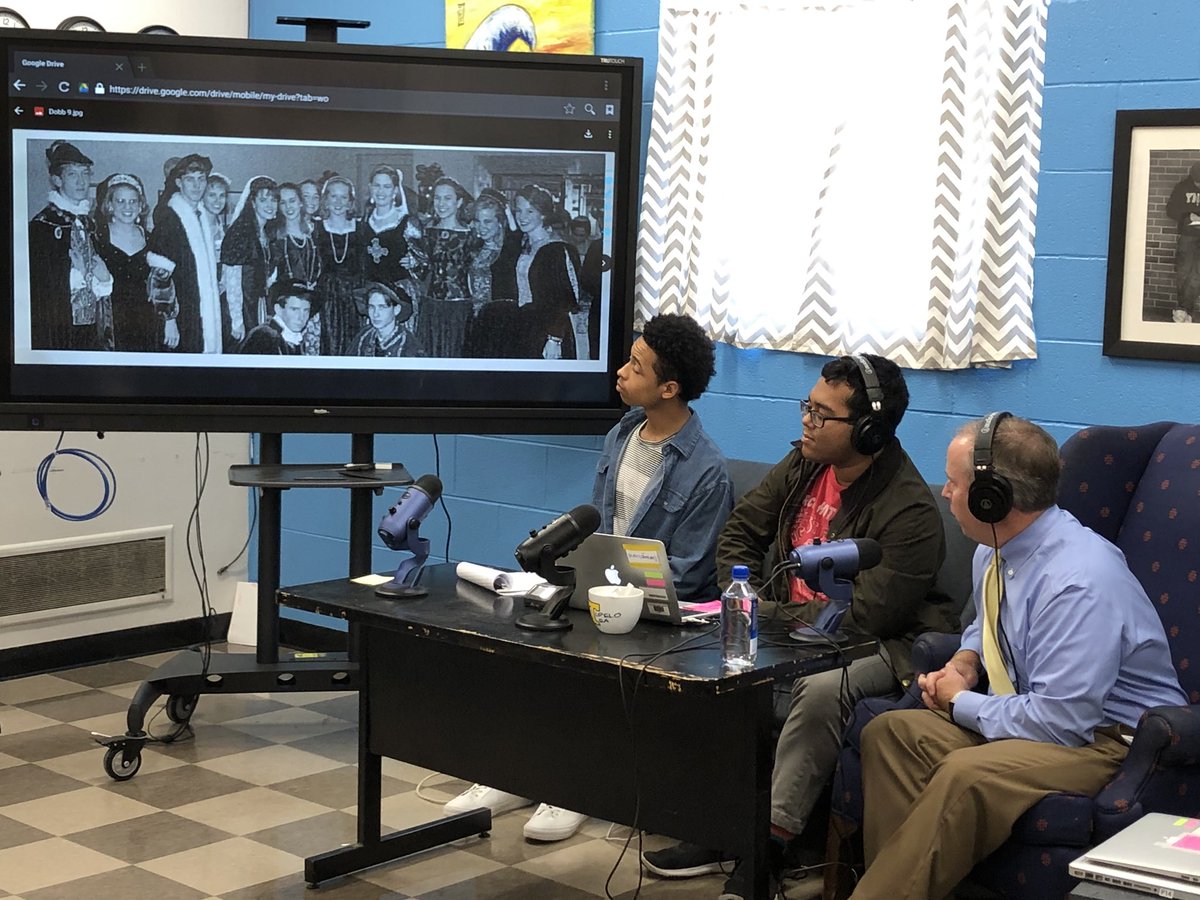 TupeloHigh's tweet photo. Mr. Dobbs recounting his high school experience to @THSAlbum1 staffers, Thomas McGaughy &amp; Rahul Dey. Catch the interview on the Tupelo Tea podcast next week. #GoWave #TPSD https://t.co/g9bVBl87Bb