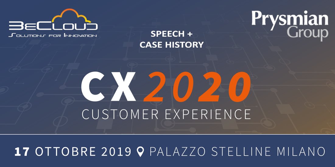 BeCloudSolution's tweet image. @BeCloudSolution è lieta di invitarvi all&apos;evento CX2020 organizzato da @CMIMagazine1 dove salirà sul palco per presentare l&apos;importante caso di successo internazionale del suo cliente @PrysmianGroup 

PER MAGGIORI INFO bit.ly/CX2020_BeCloud

#whyBeCloud #CX2020 #BeCloudSolutions